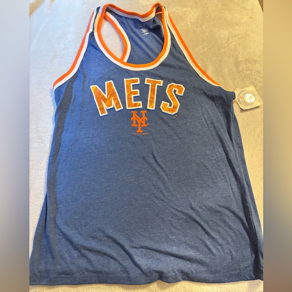 New York Mets Tank Top - Blue with Orange Glitter Lettering